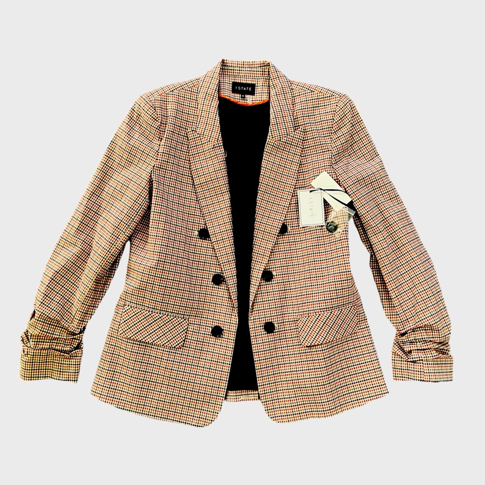 NWT 1. State Ruched Sleeve Plaid Blazer Medium